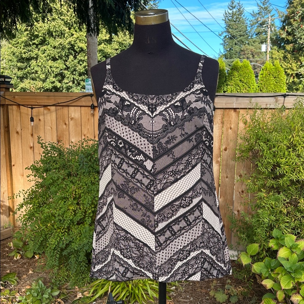 CAbi Black and White Lace Camisole, swing style, long